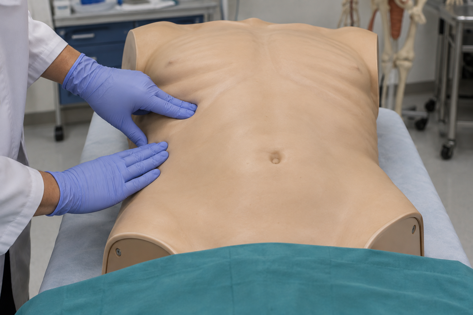 Mão do examinador posicionada no quadrante superior direito de um simulador abdominal para demonstrar a região de palpação.