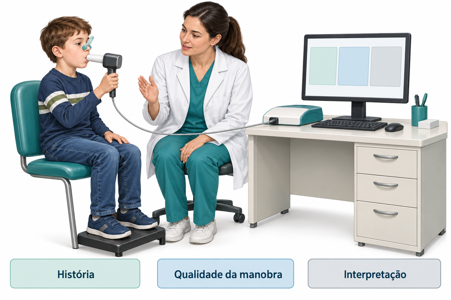 Escolar sentado com pés apoiados realiza espirometria, usando pinça nasal e bocal com vedação dos lábios, sob orientação profissional; abaixo estão História, Qualidade da manobra e Interpretação.