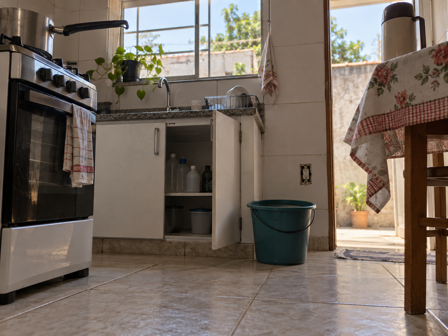 Cozinha simples vista do chão, da altura de uma criança pequena: cabo de panela para fora do fogão, porta do armário da pia entreaberta com frascos, balde com água no piso, tomada baixa sem protetor e garrafa térmica na beira da mesa sobre uma toalha com a ponta pendente.
