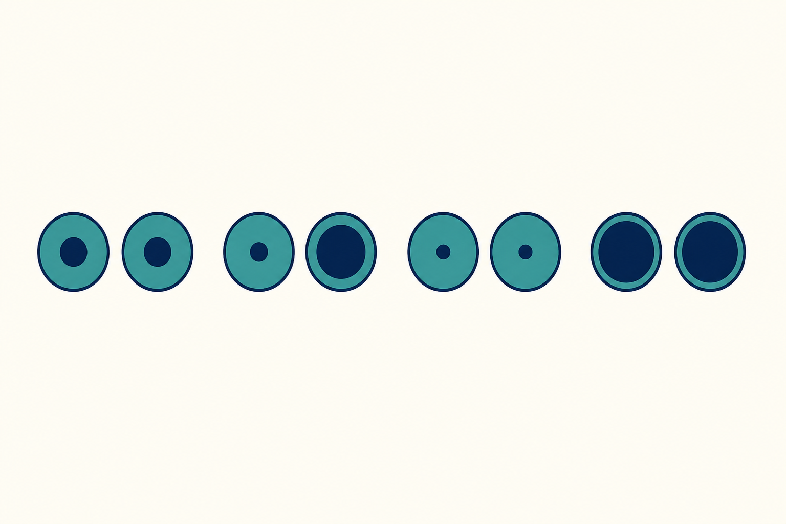 Quatro pares de pupilas esquemáticas em linha: par simétrico de tamanho médio; par assimétrico com uma pupila pequena e outra muito dilatada; par simétrico puntiforme; par simétrico muito dilatado.