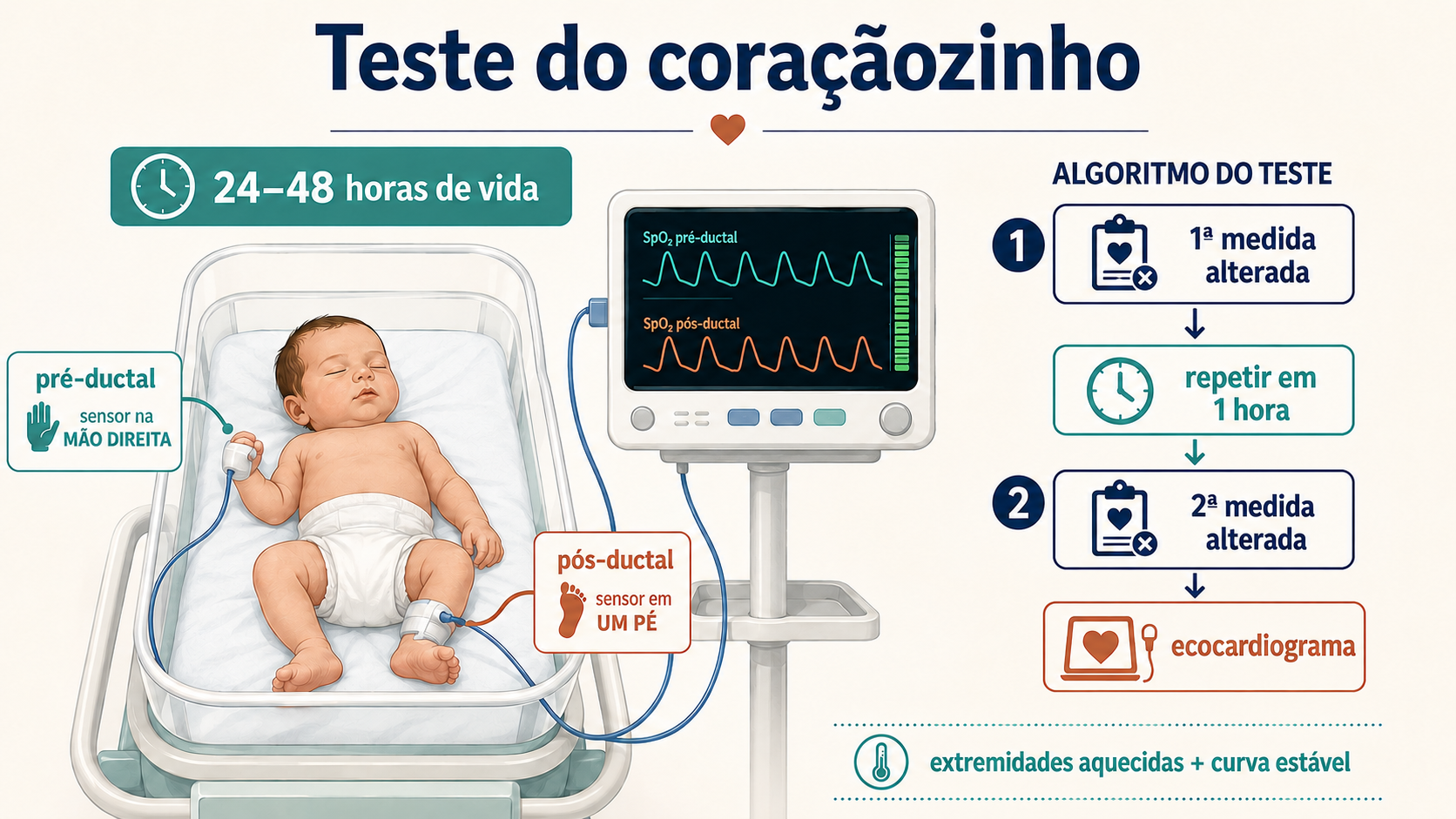Recém-nascido com sensor pré-ductal na mão direita e pós-ductal em um pé, acompanhado do algoritmo de repetição do teste do coraçãozinho.