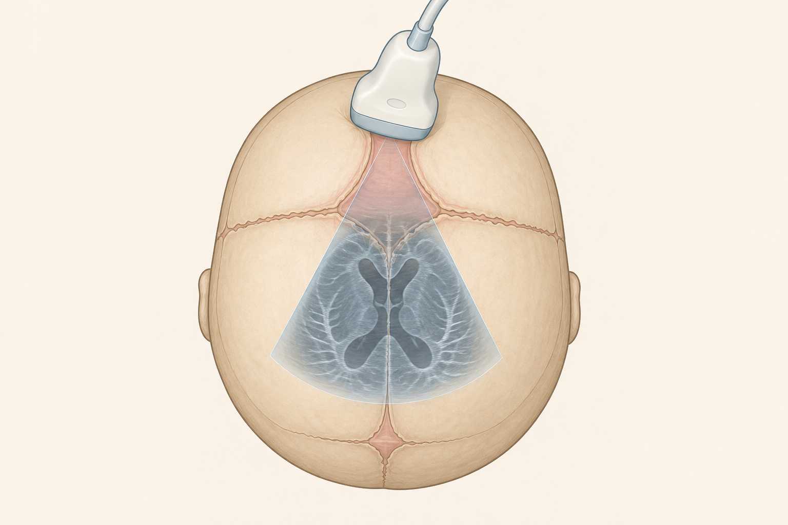Esquema do crânio do lactente visto de cima, com as suturas e duas aberturas de tamanhos diferentes; um transdutor de ultrassom apoiado sobre a abertura maior projeta um cone estreito para dentro do crânio.