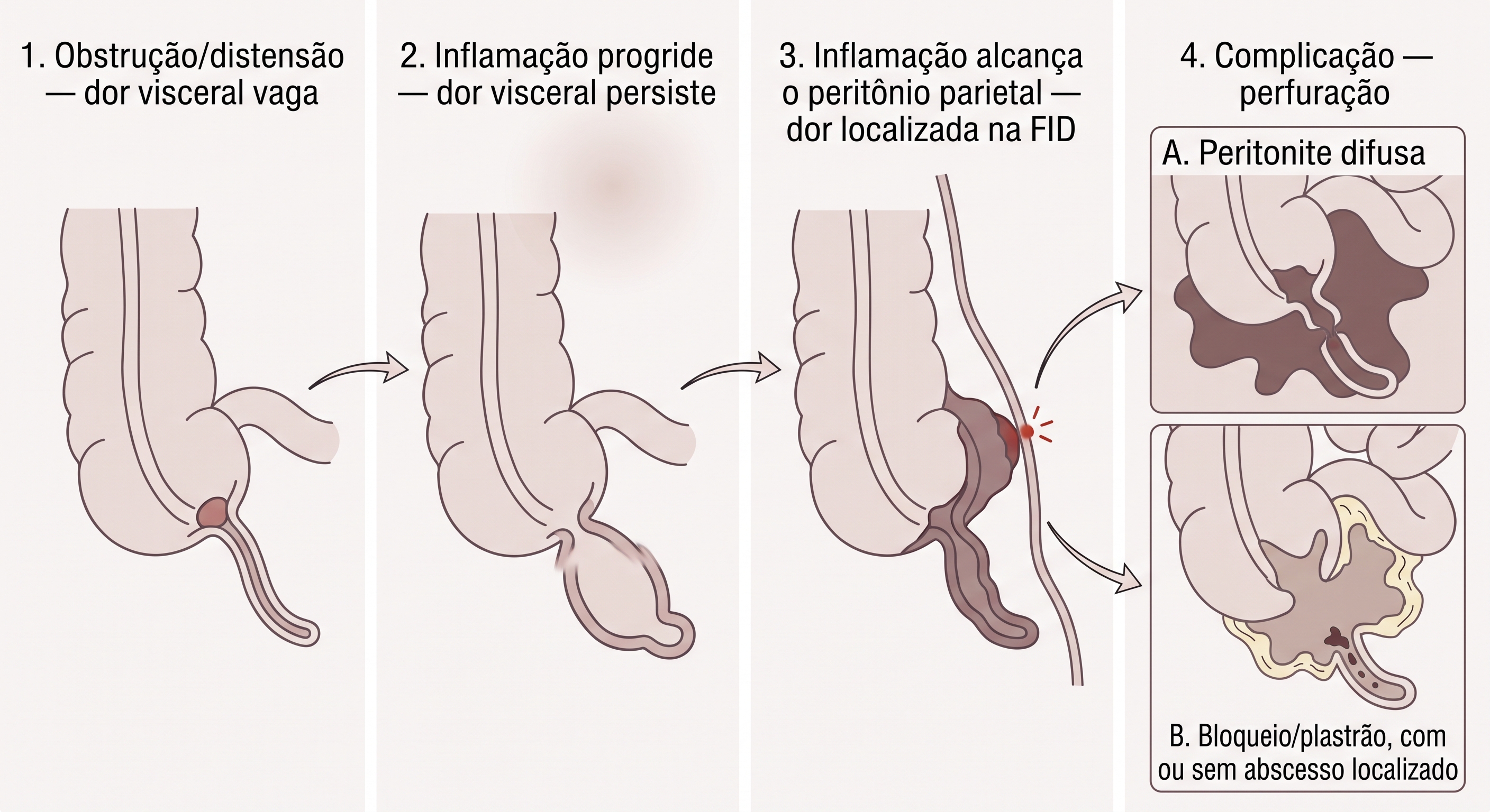 Quatro painéis esquemáticos da inflamação apendicular, da distensão às possíveis complicações contidas ou livres.