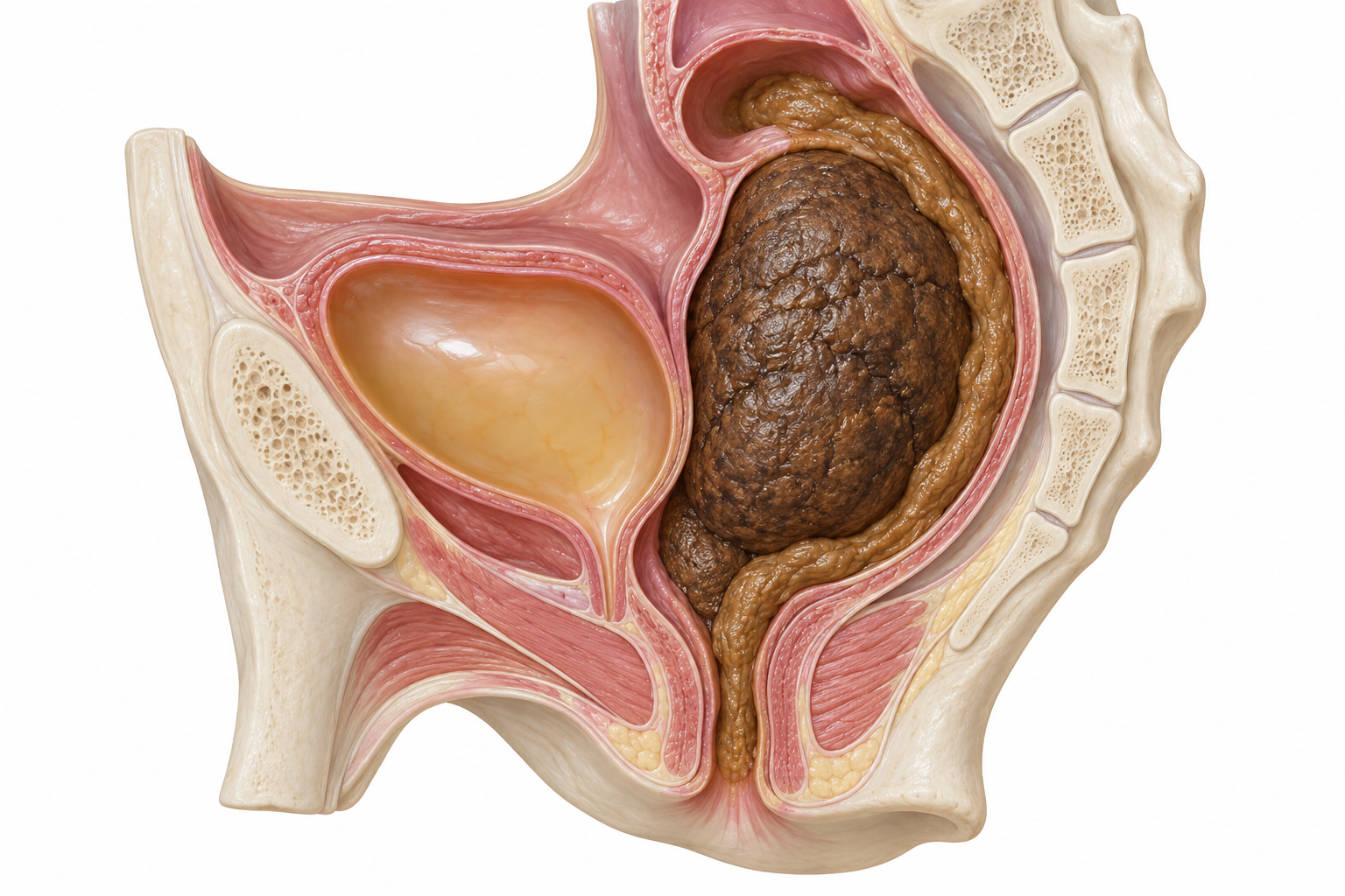 Modelo interno da pelve em corte: reto posterior distendido por fecaloma, fezes mais moles contornando a massa até o canal anal e bexiga separada anteriormente.