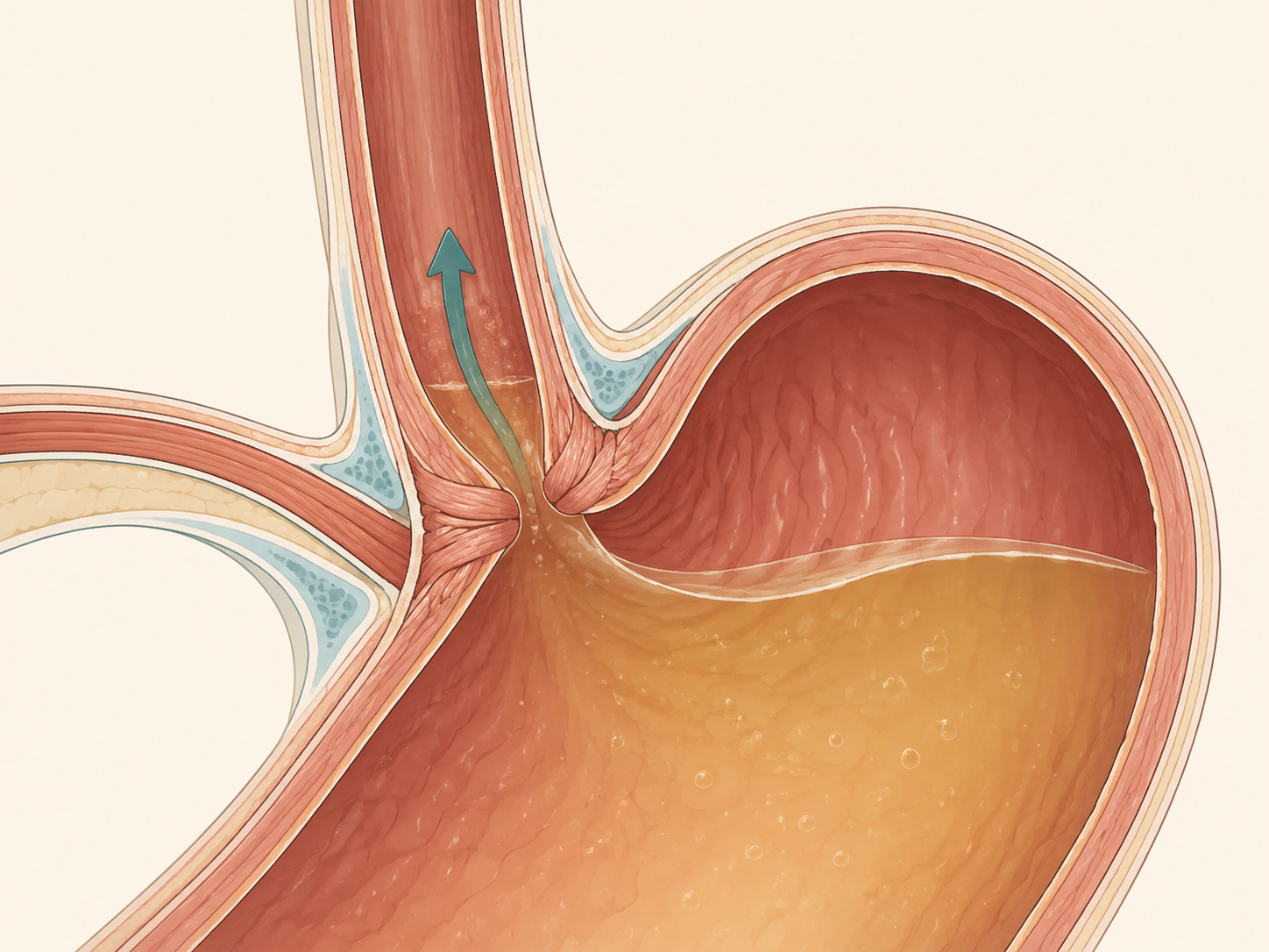 Corte esquemático da junção entre o esôfago e o estômago de um lactente, com o esfíncter inferior do esôfago desenhado como um anel espessado, o ângulo agudo entre o esôfago e o fundo gástrico e uma seta curta indicando o retorno do conteúdo para o esôfago distal.