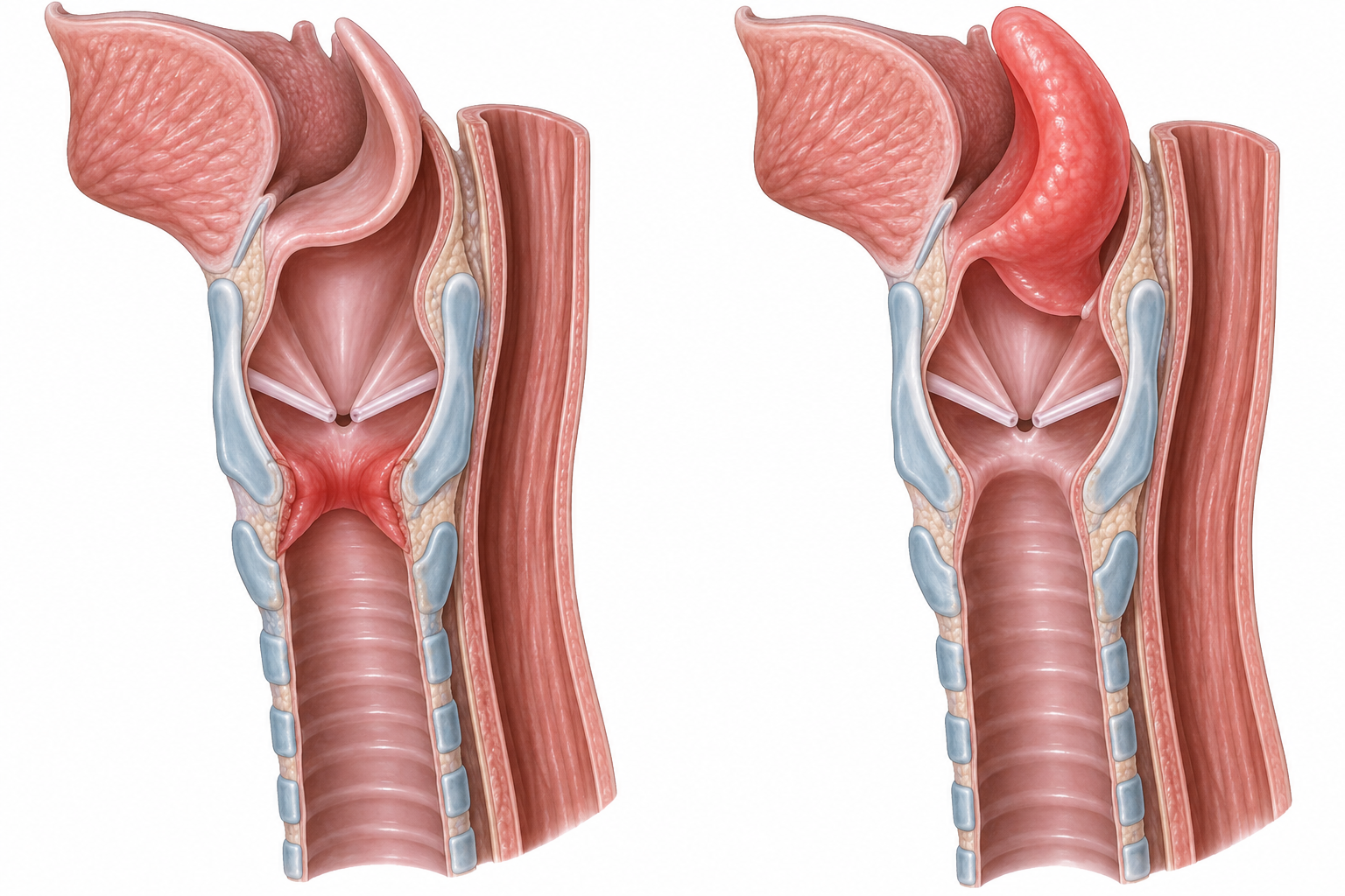 Dois modelos anatômicos abertos da laringe: à esquerda, edema abaixo das pregas vocais com epiglote preservada; à direita, epiglote espessada acima das pregas, com região subglótica aberta.