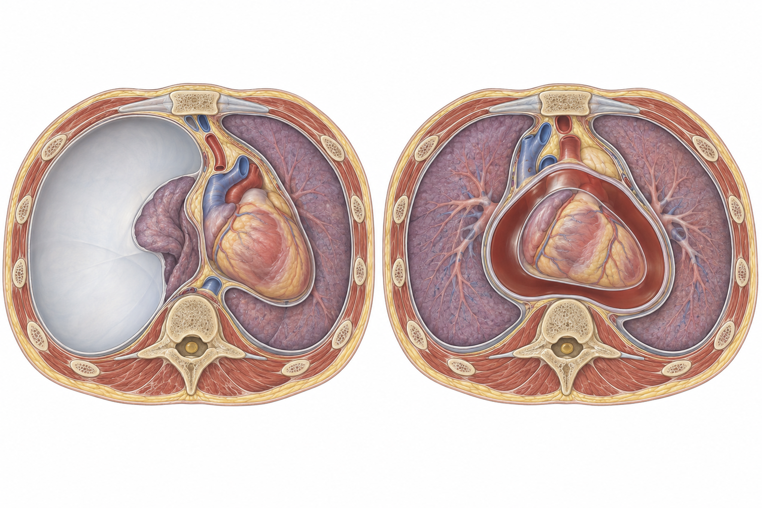 Ilustração anatômica comparativa de ar sob pressão no espaço pleural e de líquido no espaço pericárdico.