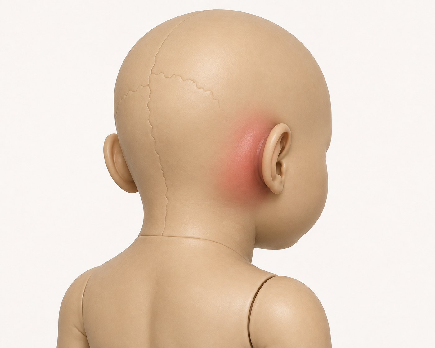 Manequim infantil visto de trás e de lado com tumefação eritematosa retroauricular, apagamento do sulco e deslocamento do pavilhão para fora, à frente e para baixo.