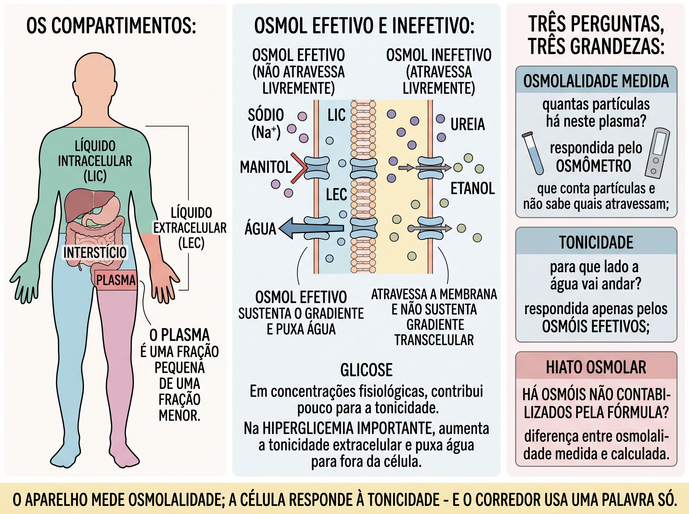 Silhueta com a água corporal repartida em intracelular, interstício e plasma, corte de membrana comparando osmóis efetivos que puxam água com ureia e etanol que atravessam sem mover nada, e três blocos separando osmolalidade medida, tonicidade e hiato osmolar.