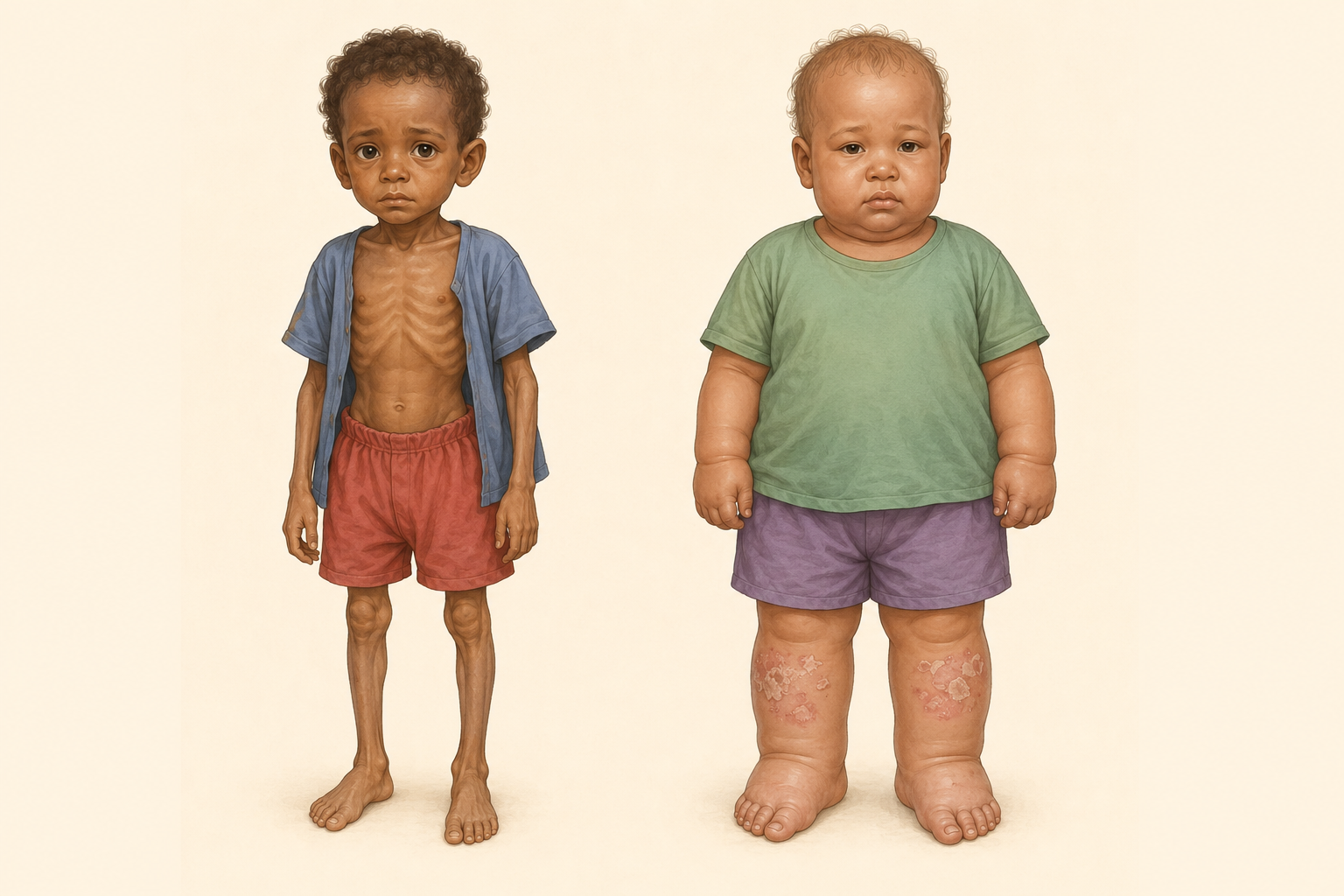 Duas crianças pequenas lado a lado: à esquerda, corpo muito emagrecido, costelas e ossos aparentes, olhos fundos e pele frouxa nas coxas; à direita, pés, pernas e mãos inchados, rosto arredondado, cabelo ralo e descolorido e pele descamando nas pernas.