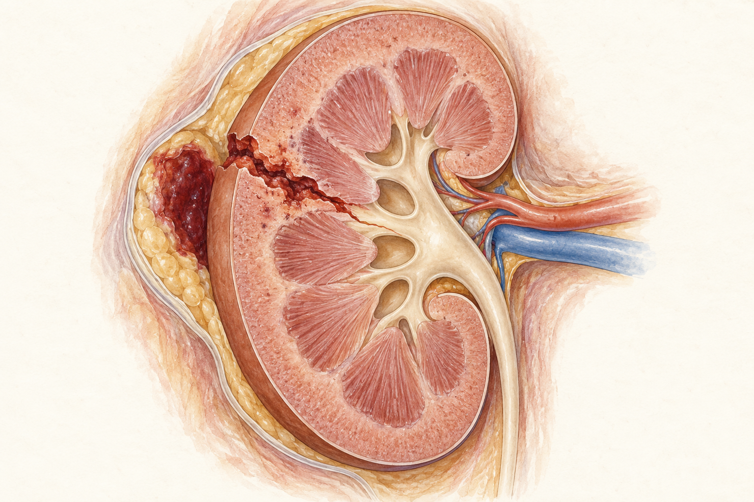 Ilustração de rim em corte com laceração parenquimatosa focal, hematoma perirrenal e vasos principais do hilo preservados neste exemplo.
