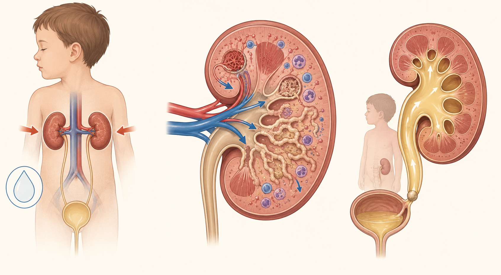 Três mecanismos de lesão renal aguda pediátrica: hipoperfusão, lesão parenquimatosa e obstrução