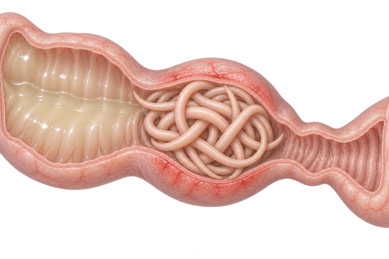 Ilustração de uma alça de intestino delgado semitransparente: dentro dela, um enovelado de vermes cilíndricos rosados enche e estica a luz; antes do enovelado a alça está dilatada e cheia de líquido, depois dele está estreita e vazia, e a parede em volta está avermelhada e inchada.