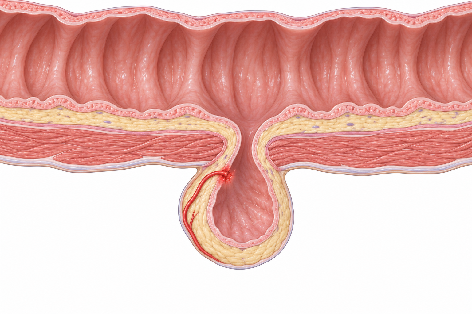 Corte ampliado de divertículo colônico com mucosa e submucosa evaginadas através da muscular própria e vaso na parede comunicando-se com a luz por pequena erosão.
