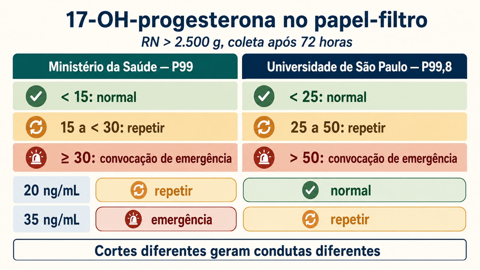 Duas colunas de faixas de 17-OH-progesterona em papel-filtro comparadas num eixo de 0 a 60 nanogramas por mililitro, para recém-nascido acima de 2.500 gramas. Pelo quadro do Ministério da Saúde, no percentil 99, normal abaixo de 15, elevada de 15 a menos de 30 e muito elevada a partir de 30. Pelo quadro da Universidade de São Paulo, no percentil 99,8 e colhido depois de 72 horas de vida, normal abaixo de 25, elevada de 25 a 50 e muito elevada acima de 50. Linhas tracejadas em 20 e em 35 nanogramas por mililitro mostram condutas opostas nas duas colunas.
