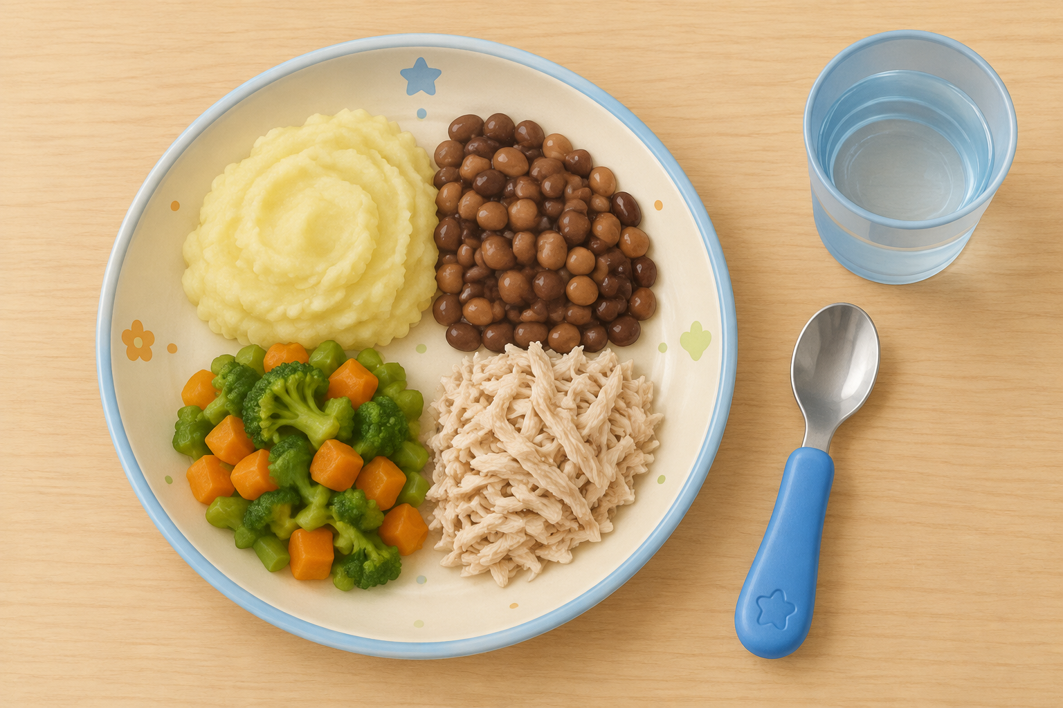 Prato de criança visto de cima com quatro porções separadas: raiz ou tubérculo, feijão, legumes e verduras, e carne desfiada, ao lado de uma colher pequena e um copo de água.