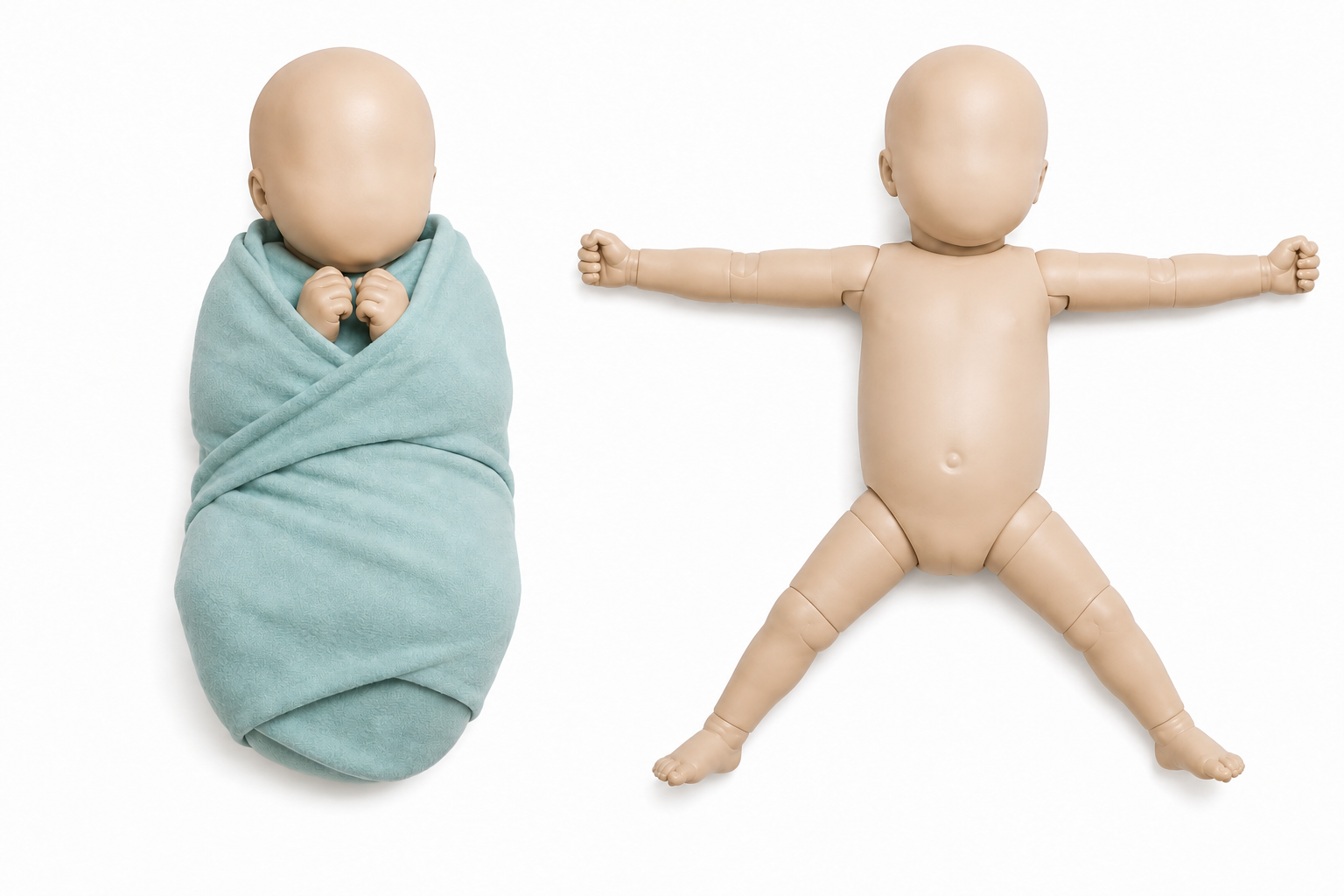 Dois manequins neonatais: à esquerda, envolto em cueiro com membros flexionados junto à linha média; à direita, sem contenção, com braços e pernas estendidos e afastados.