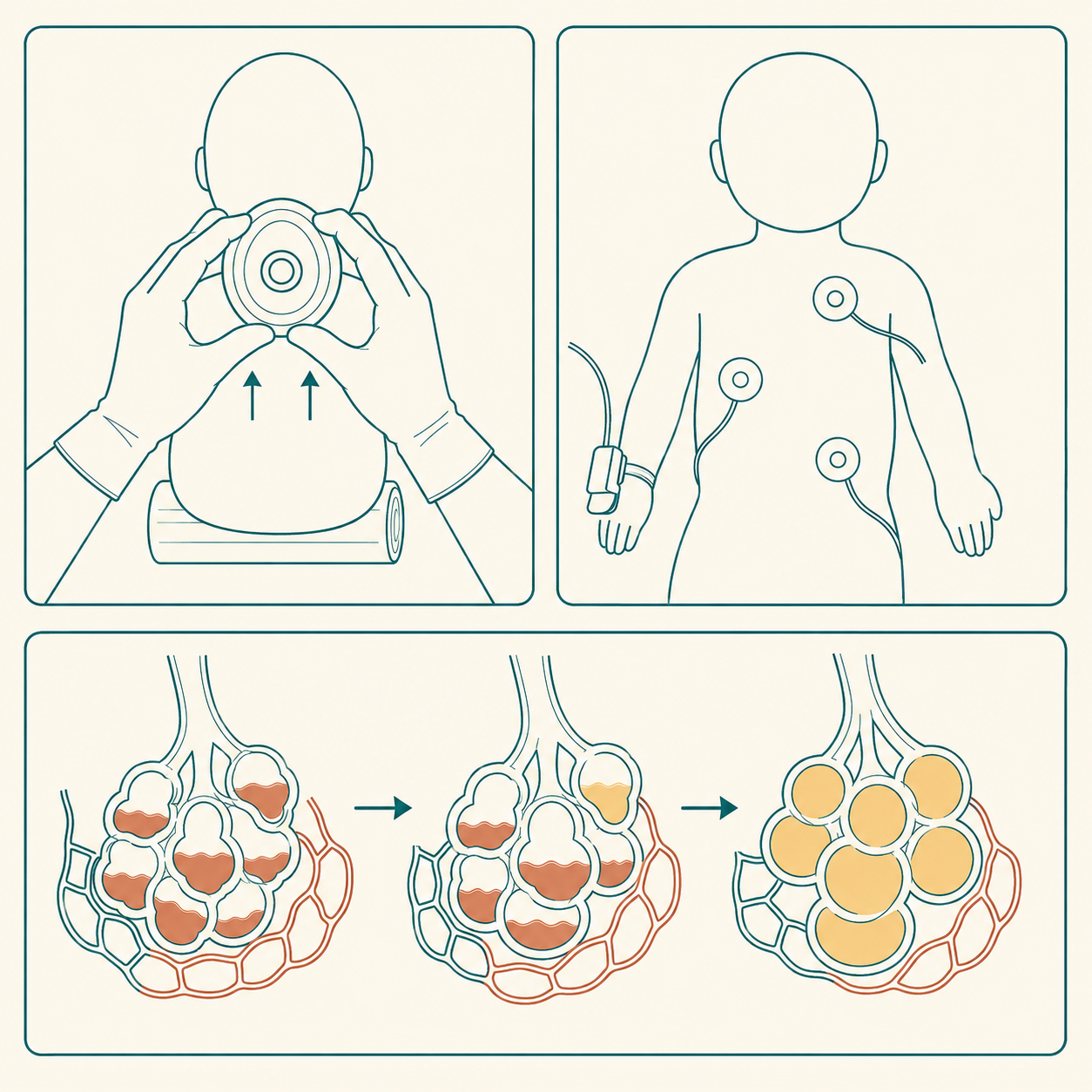 Recém-nascido em decúbito dorsal sob calor radiante, com touca e coxim sob os ombros, recebendo ventilação com máscara facial em pega C-E; sensor de oximetria no pulso direito e eletrodos no tórax; ampliação mostra alvéolos passando de preenchidos por líquido a preenchidos por ar.