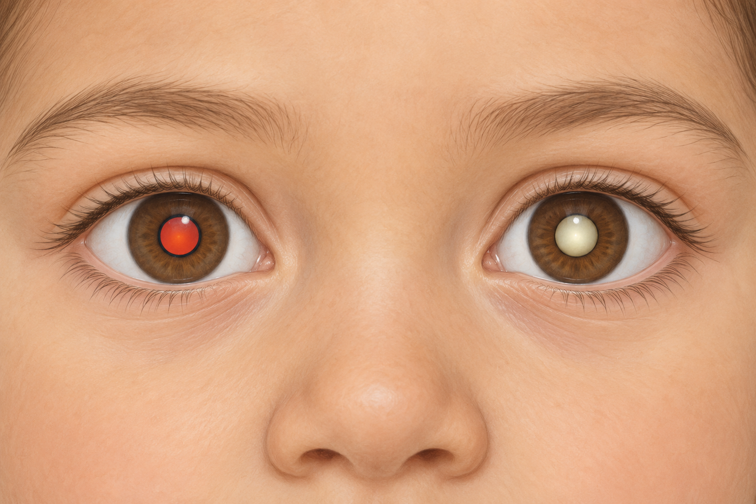 Ilustração comparativa dos olhos: reflexo vermelho-alaranjado numa pupila e reflexo branco-amarelado na outra, com íris preservadas.