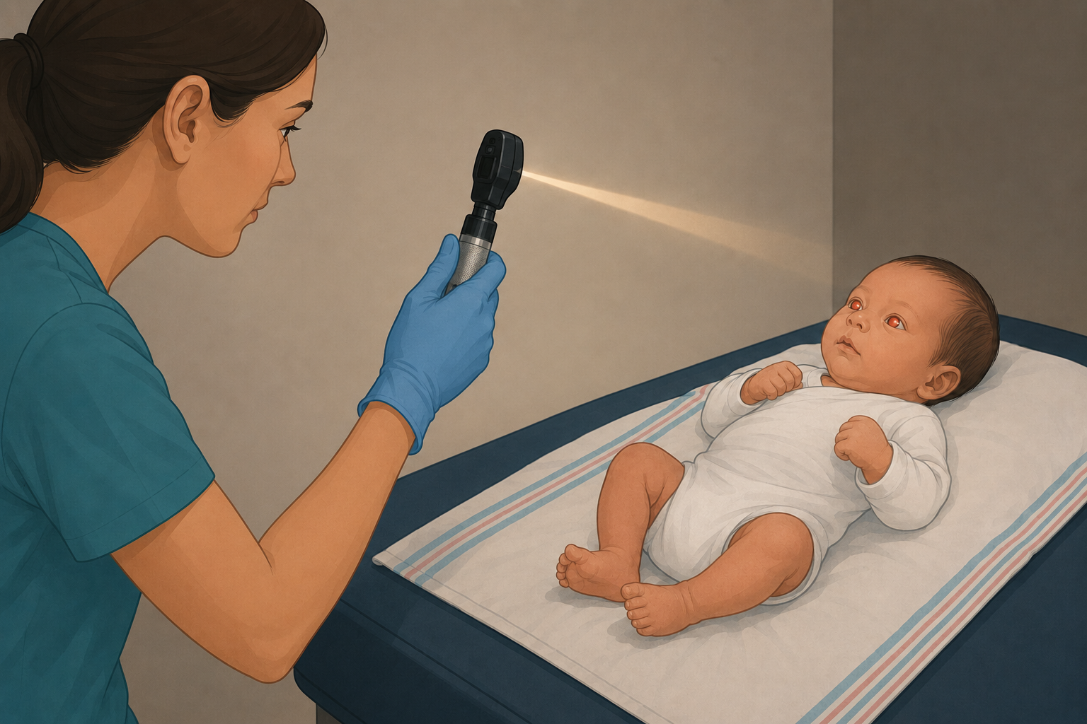 Ilustração de exame do reflexo vermelho: profissional segura um oftalmoscópio direto a cerca de 40 cm dos olhos de um recém-nascido em ambiente escurecido, e as duas pupilas mostram reflexo alaranjado simétrico.