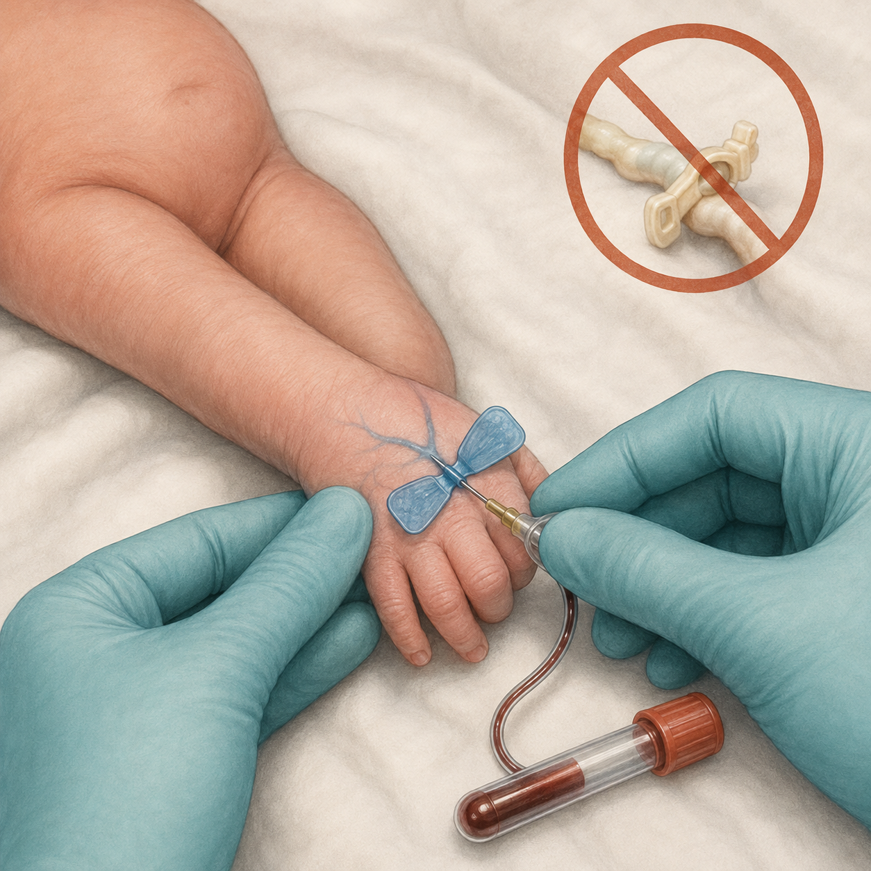 Coleta de sangue por punção de veia periférica no dorso da mão do recém-nascido, com o coto umbilical já clampeado ao fundo, marcado como sítio não utilizado.