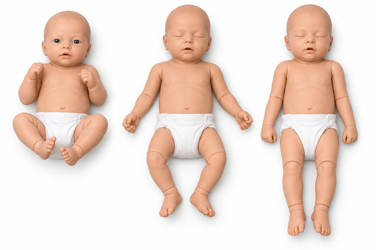 Três manequins neonatais em posições distintas: membros mais fletidos, membros mais relaxados e membros predominantemente estendidos.