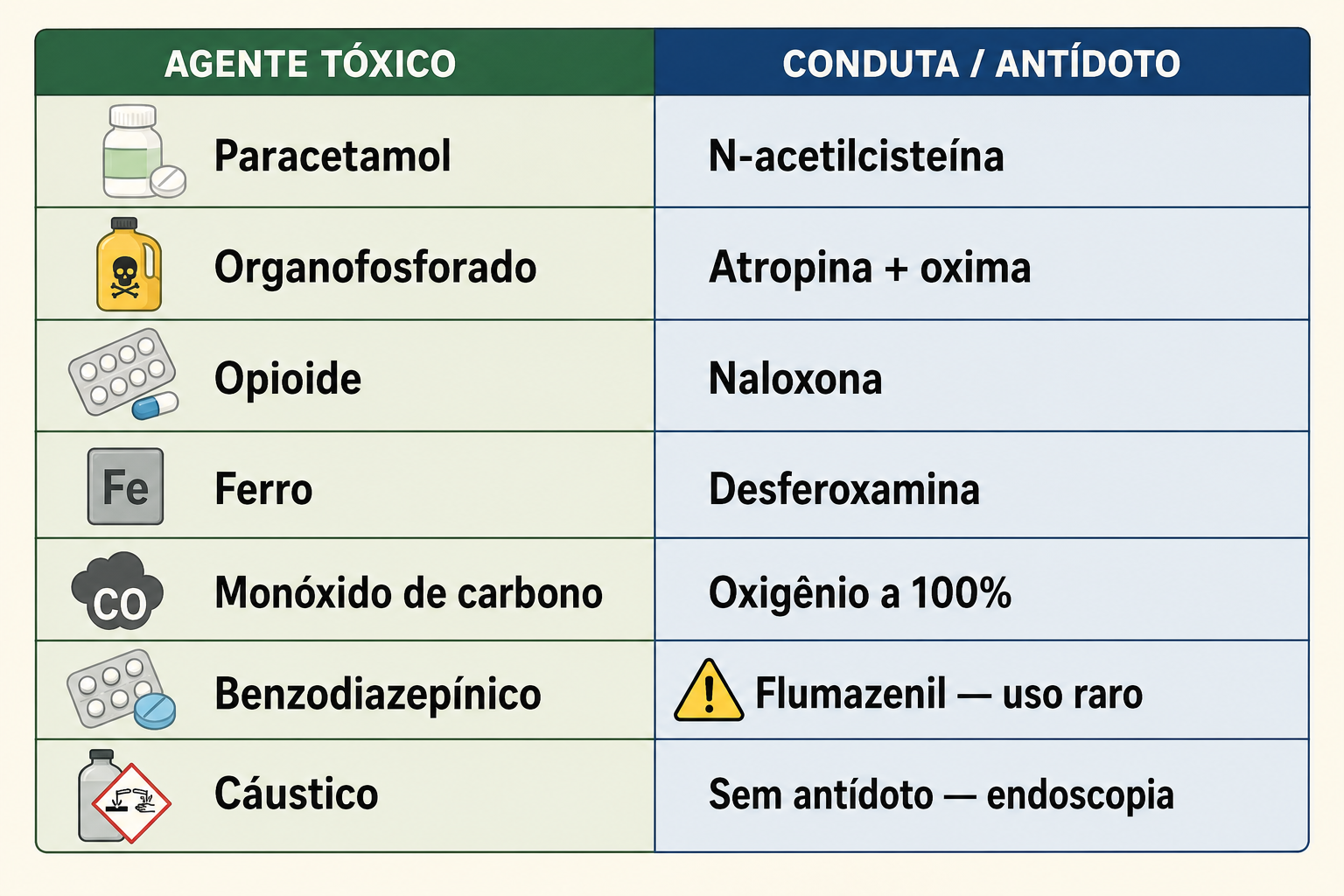 Tabela de sete agentes tóxicos com a conduta ou o antídoto correspondente, incluindo alertas para flumazenil e para a ausência de antídoto nos cáusticos.