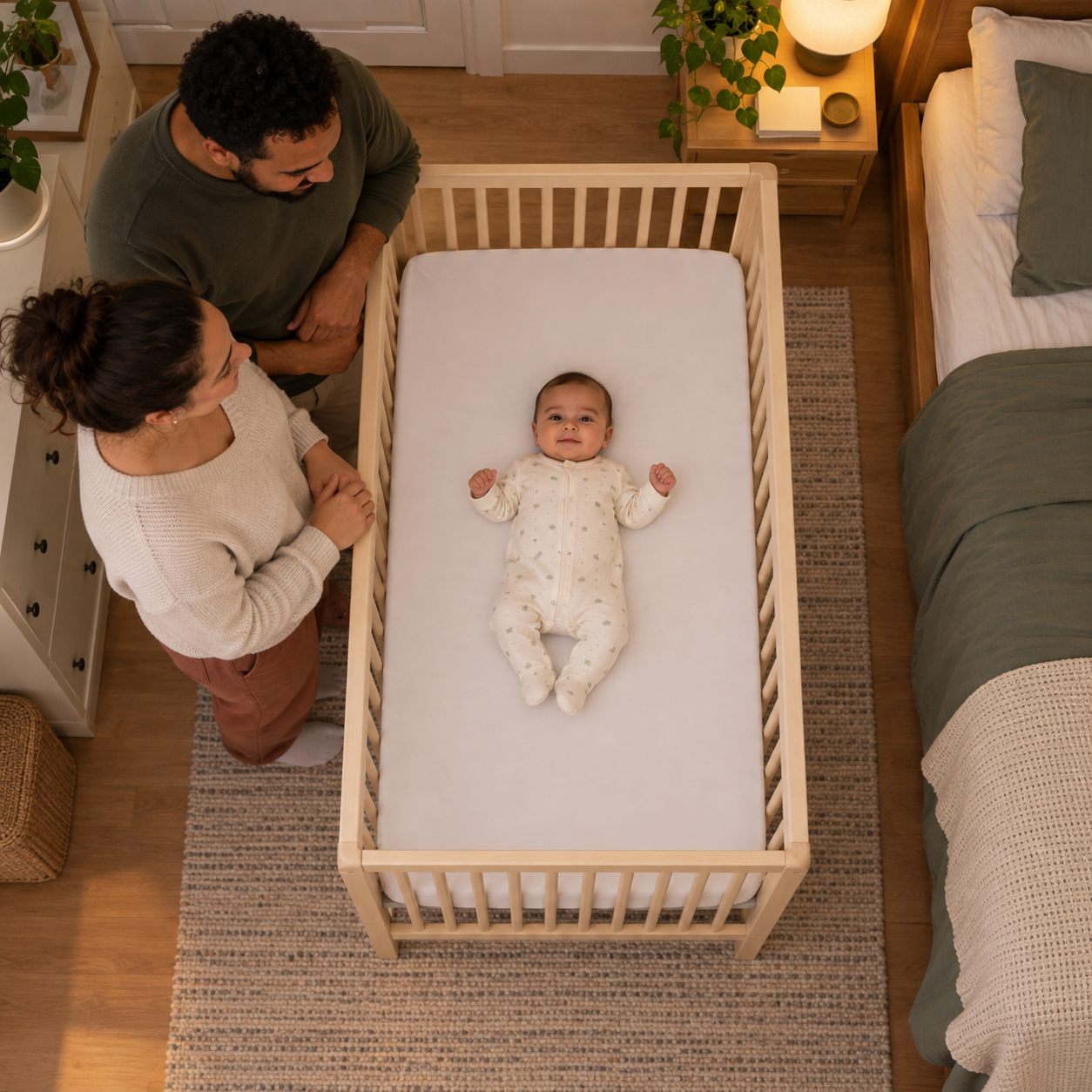 Vista superior de toda a superfície de um berço vazio de objetos, com bebê de macacão em decúbito dorsal e dois cuidadores observando do lado de fora; a cama fica separada.