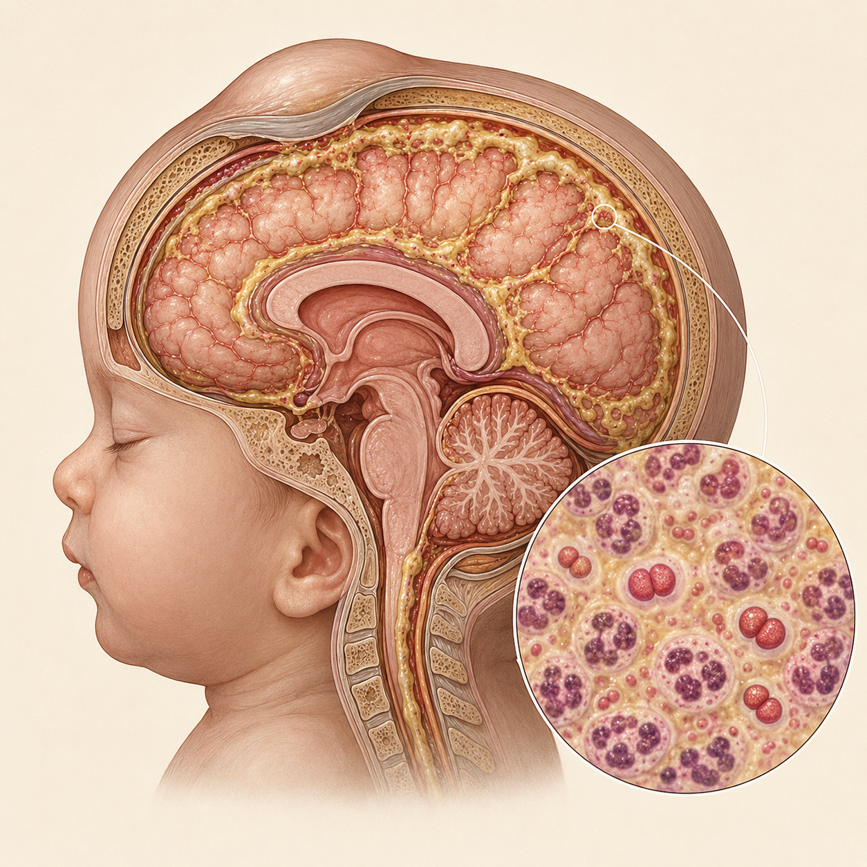 Corte sagital da cabeça de um lactente mostrando as meninges com exsudato purulento no espaço subaracnóideo e a fontanela abaulada, com ampliação celular exibindo neutrófilos e diplococos.