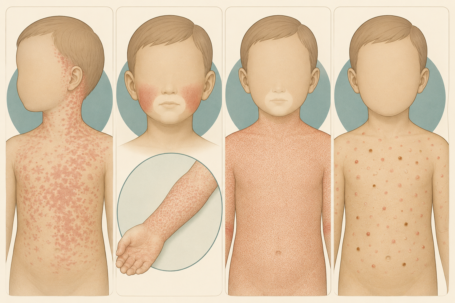 Ilustração comparativa de quatro padrões de exantema na criança: erupção avermelhada descendo da região retroauricular para o tronco; face com bochechas vermelhas e palidez perioral com rendilhado no braço; tronco com erupção fina e áspera com linhas nas dobras e palidez ao redor da boca; e tronco com lesões em vários estágios simultâneos, de máculas a crostas.