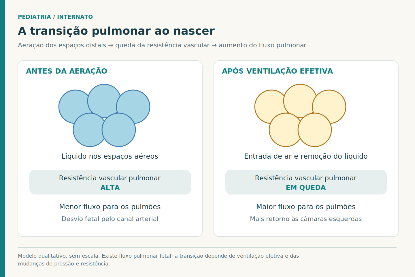 Dois painéis conceituais com espaços aéreos preenchidos por líquido antes da aeração e por ar após ventilação efetiva, associados à redução da resistência vascular e ao aumento do fluxo pulmonar.