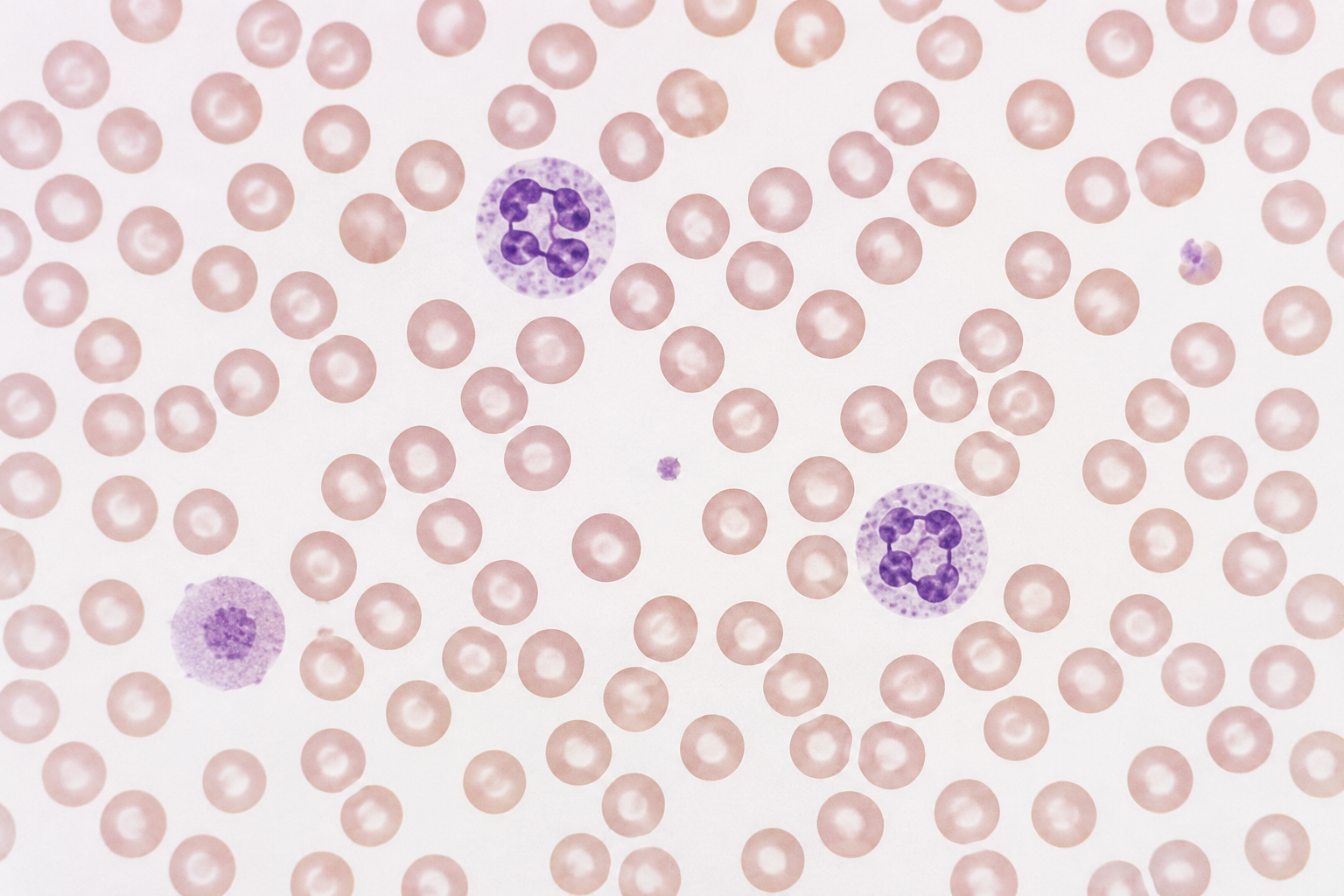 Campo de esfregaço de sangue periférico com hemácias e neutrófilos de aspecto normal e pouquíssimas plaquetas, uma delas maior que as demais.